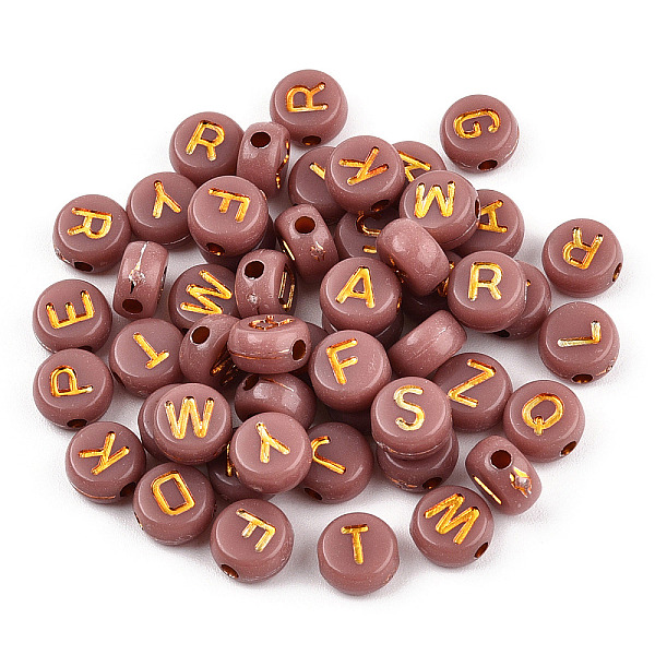 

PandaHall Plating Acrylic Beads, Golden Metal Enlaced, Horizontal Hole, Flat Round with Letter, Indian Red, 6.5~7x3.5~4mm, Hole: 1.6mm..., Brown