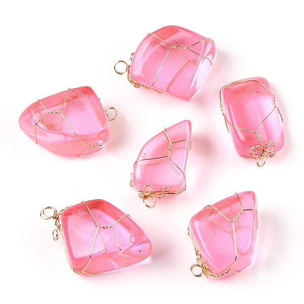 

PandaHall Glass Pendants, with Golden Plated Brass Findings, Nuggets Charms, Hot Pink, 32~35x14.5~19x13.5~20mm, Hole: 5mm Brass+Glass...