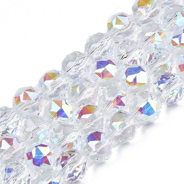 

PandaHall Electroplate Transparent Glass Beads Strands, AB Color Plated, Faceted, Round, Clear AB, 8x8x8mm, Hole: 1.2mm, about 72pcs/strand..., White