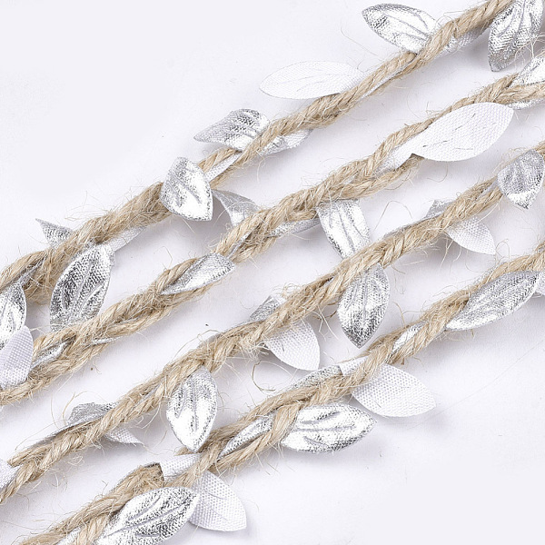 PandaHall Polyester Leaf Trim Ribbon, with Hemp Twine, for Wedding Party Home Decoration, Silver, 5~6x2~2.5mm; about 100m/bundle
