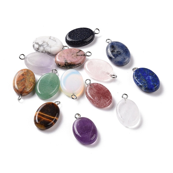 

PandaHall Natural & Synthetic Mixed Gemstone Pendants, Flat Oval Charms, with Stainless Steel Color Tone Stainless Steel Loops..., Multicolor