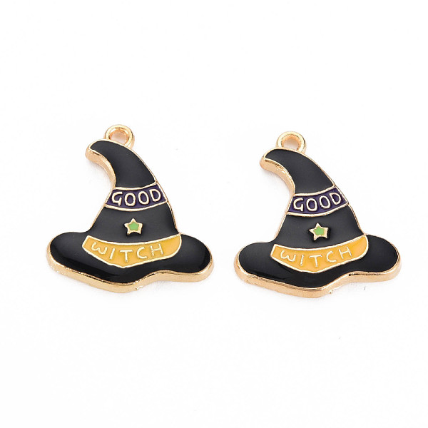 

PandaHall Light Gold Alloy Enamel Pendants, Cadmium Free & Nickel Free & Lead Free, Witch Hat with Star & Word GOOD WITCH, Black...