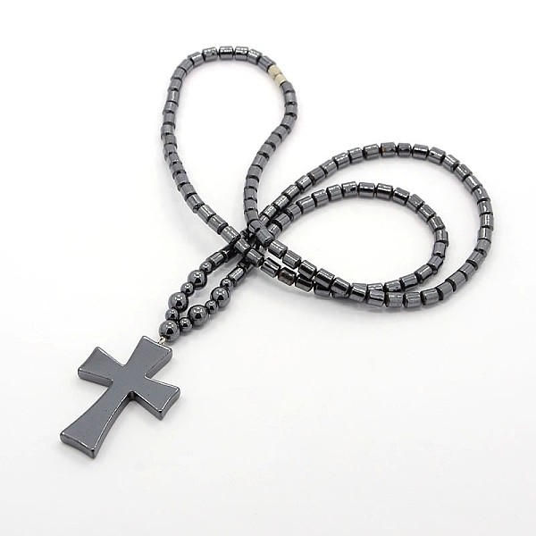 

PandaHall Trendy Unisex Holly Jewelry Grade A Non-Magnetic Synthetic Hematite Beaded Cross Pendant Necklaces, with Alloy Screw Clasps, Black...