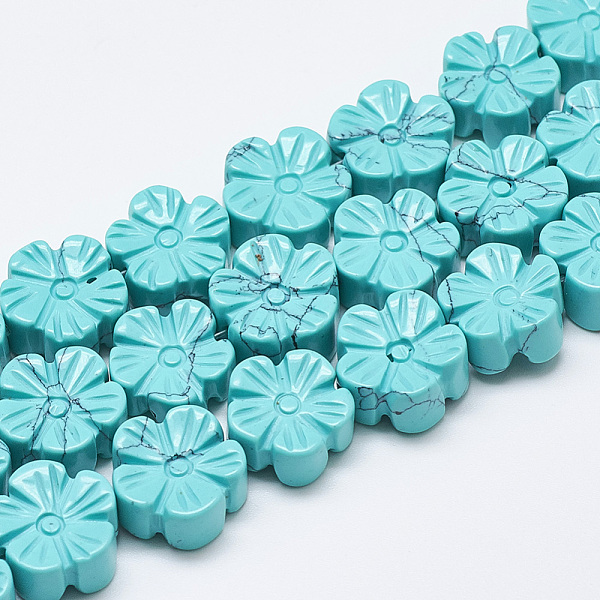 

PandaHall Carved Synthetic Turquoise Beads Strands, Plum Blossom, 13~14x13~14x7~8mm, Hole: 1mm, about 16pcs/strand, 8.2 inch~8.6 inch...