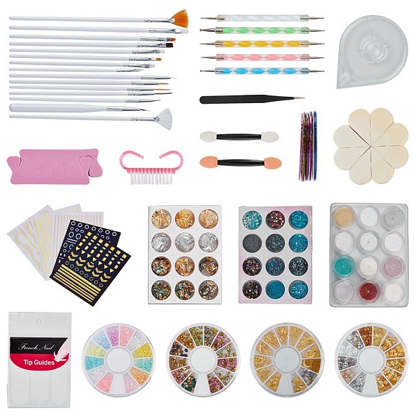 PandaHall Manicure Tools Kits, with Brushes Pens, Nail Art Decorations/Stickers, Foil Chip Flake, Finger Toe Splitter, Manicure Sponge...