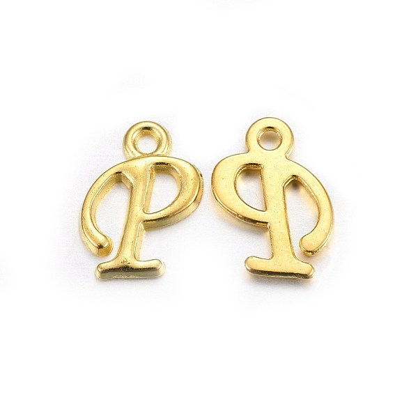 

PandaHall Golden Plated Alloy Letter Pendants, Rack Plating, Cadmium Free & Lead Free, Letter.P, 14x8x2mm, Hole: 1.5mm Alloy Letter