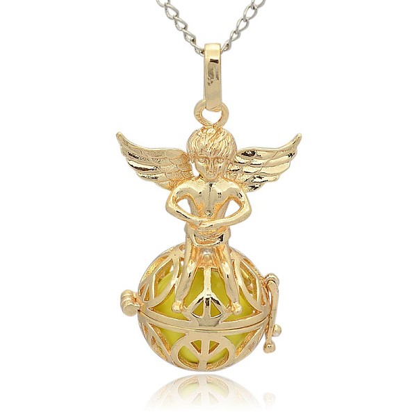 

PandaHall Golden Tone Brass Hollow Round Cage Pendants, with No Hole Spray Painted Brass Round Ball Beads, Round with Angel, Champagne...