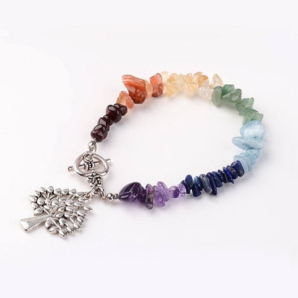

PandaHall Chakra Jewelry, Natural Mixed Gemstone Beaded Bracelets, with Heart Alloy Toggel Clasp and Brass Findings, Tree of Life, 8-1/2...