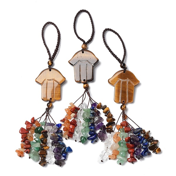 

PandaHall Hamsa Hand/Hand of Miriam Natural Tiger Eye Pendant Decorations, Nylon Cord and Gemstone Chip Tassel Hanging Ornaments, 155~160mm...