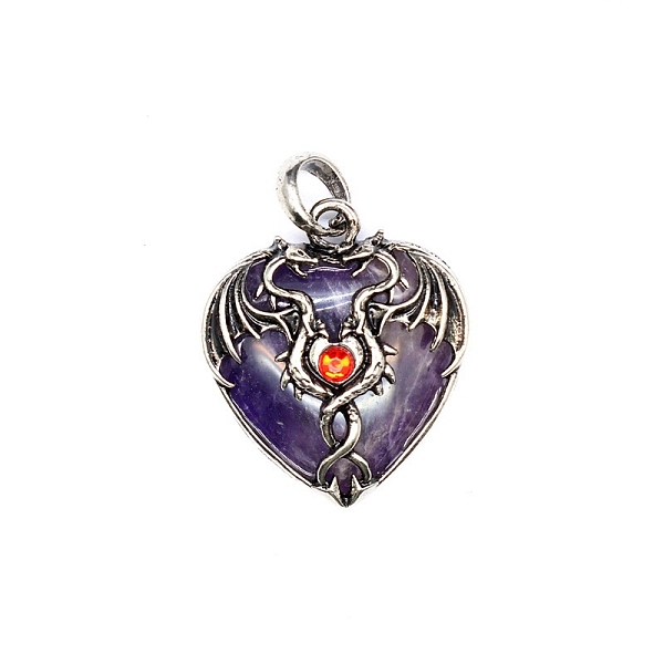 

PandaHall Natural Amethyst Pendants, Heart Charms with Antique Silver Plated Metal Dragon, 37x32x9mm Amethyst Heart