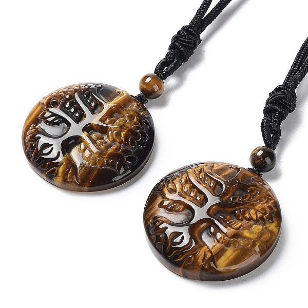 

PandaHall Natural Tiger Eye Tree of Life Pendant Necklace with Nylon Rope, 34.80~35.43 inch(88.4~90cm) Tiger Eye