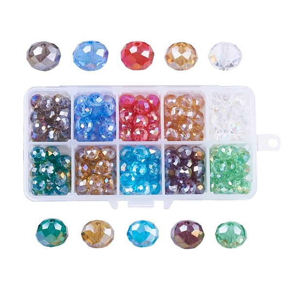 

PandaHall 10 Colors Electroplate Glass Beads Strands, AB Color Plated, Faceted, Rondelle, Mixed Color, 10x7mm, Hole: 1mm, 20pcs/color..., Multicolor
