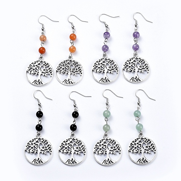 

PandaHall Tibetan Style Alloy Dangle Earrings, with Natural Gemstone Beads and Iron Earring Hooks, Flat Round with Tree of Life, 71.5mm, Pin...