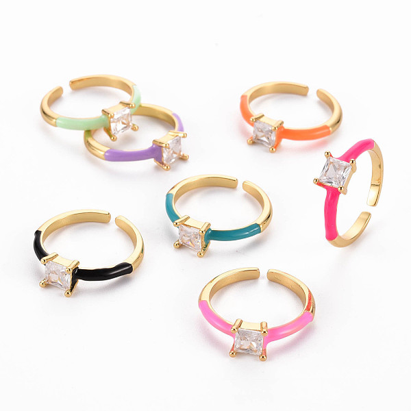 

PandaHall Brass Enamel Cuff Rings, Open Rings, Solitaire Rings, with Clear Cubic Zirconia, Nickel Free, Square, Golden, Mixed Color, US Size..., Multicolor