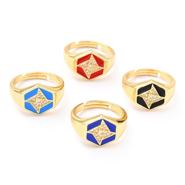 

PandaHall Adjustable Real 18K Gold Plated Brass Enamel Finger Ringss, with Clear Cubic Zirconia, Hexagon with Windmill, Mixed Color, Inner..., Multicolor