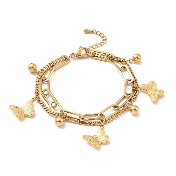 

PandaHall Butterfly and Round Ball Charm Multi-strand Bracelet, Vacuum Plating 304 Stainless Steel Double Layered Chains Bracelet for Women...
