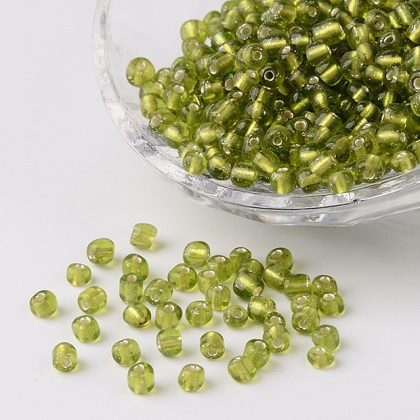 

PandaHall 6/0 Round Silver Lined Round Hole Glass Seed Beads, Yellow Green, 4mm, Hole: 1.5mm, about 496pcs/50g Glass Green