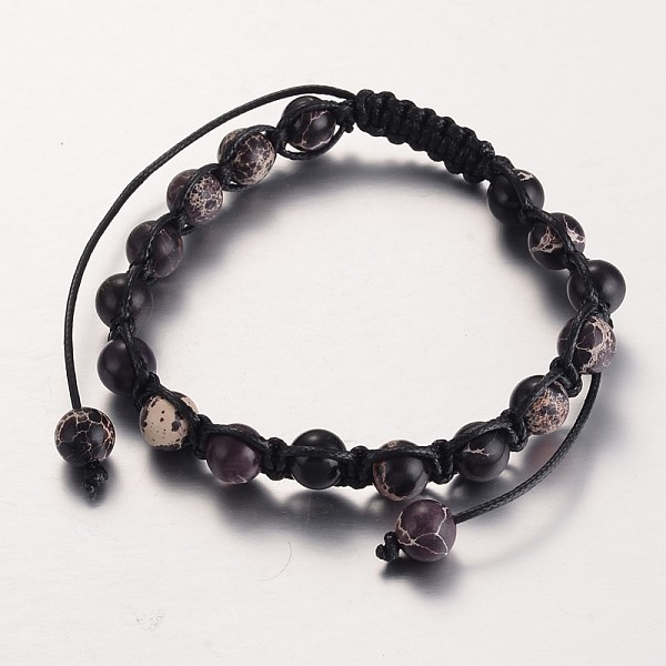 

PandaHall Round Natural Regalite/Imperial Jasper/Sea Sediment Jasper Braided Beaded Bracelets, Black, 60mm Imperial Jasper Black