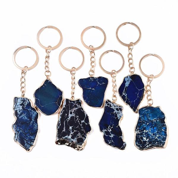 

PandaHall Natural Regalite/Imperial Jasper/Sea Sediment Jasper Keychain, with Golden Plated Edge & Light Gold Stainless Steel Split Key..., Blue