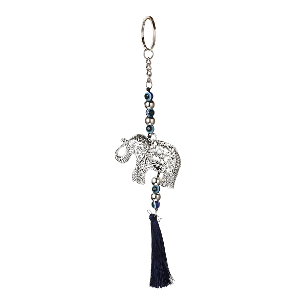 

PandaHall Elephant Alloy Big Pendant Decorations, with Evil Eye Resin Beads, Plastic Beads, Polyester Tassels, Iron Findings, Wall Hanging...