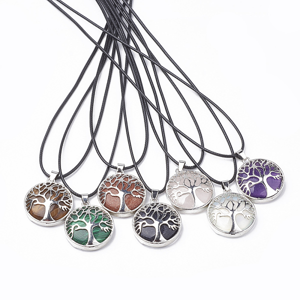 

PandaHall Natural & Synthetic Mixed Stone Pendant Necklaces, with Leather Cord and Brass Iron Findings, Flat Round with Tree, 17.67 inch...