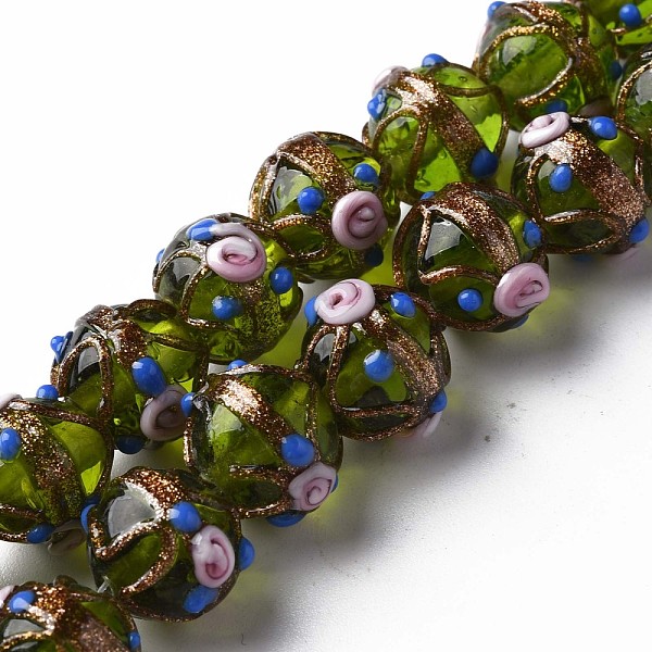 

PandaHall Handmade Gold Sand Lampwork Beads Strands, Round with Flower, Green, 13~15x11~13mm, Hole: 1.6mm, about 45pcs/strand, 20.47...