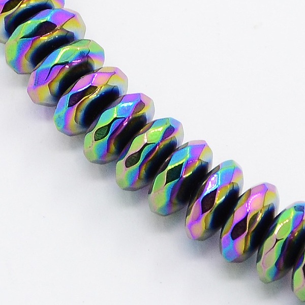 

PandaHall Grade A Electroplate Non-magnetic Synthetic Hematite Beads Strands, Faceted, Rondelle, Multi-color Plated, 8x3mm, Hole: 1mm, about...