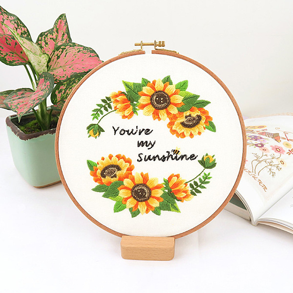 

PandaHall Flower Pattern DIY Embroidery Kit, including Embroidery Needles & Thread, Cotton Linen Cloth, Word You're my Sunshine, Gold...