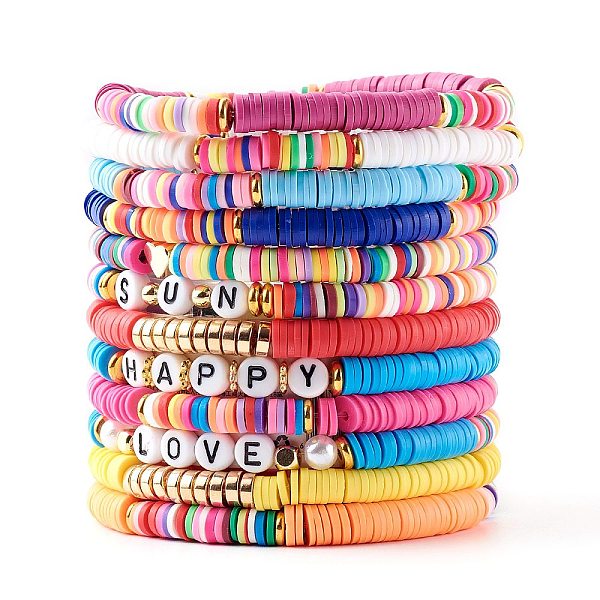 

PandaHall Preppy Bracelets, Polymer Clay Heishi Beads Stackable Bracelets, Stretch Beaded Bracelets Sets, Word Sun/Happy/Love, Golden, Mixed..., Multicolor