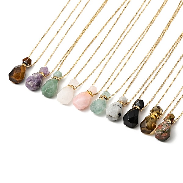 PandaHall Openable Faceted Natural & Synthetic Mixed Stone Perfume Bottle Pendant Necklaces for Women, 304 Stainless Steel Cable Chain...