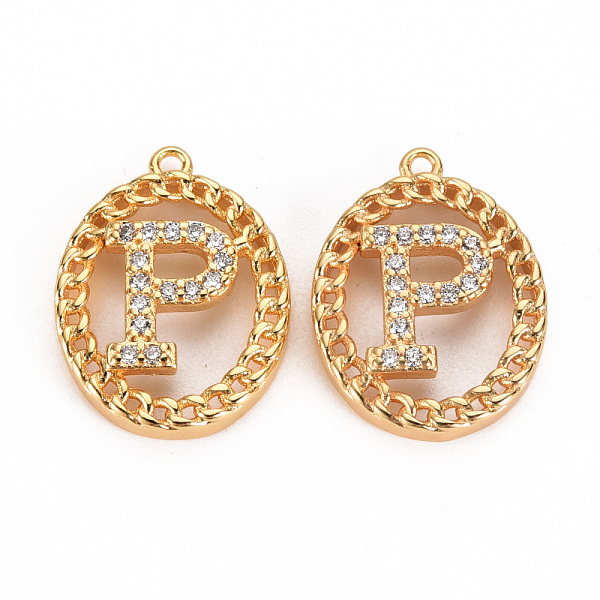 

PandaHall Brass Micro Pave Clear Cubic Zirconia Pendants, Nickel Free, Real 18K Gold Plated, Oval with Word, Letter.P, 17x13x3mm, Hole: 1mm...