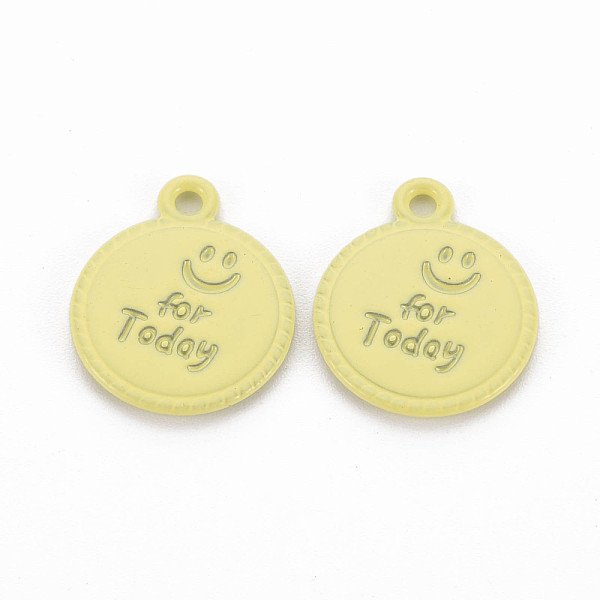 

PandaHall Spray Painted Alloy Pendants, Cadmium Free & Lead Free, Flat Round with Word For Today, Light Khaki, 17x14x1.5mm, Hole: 1.8mm...