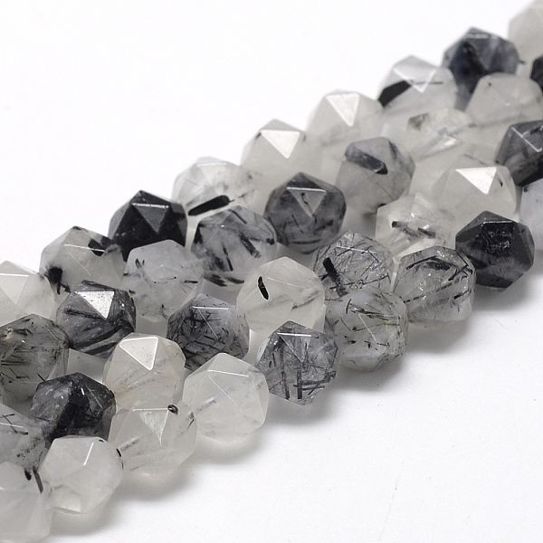 PandaHall Natural Black Rutilated Quartz Beads Strands, Star Cut Round Beads, Faceted, 6~7x5~6mm, Hole: 1mm, about 64~66pcs/strand, 15.3...