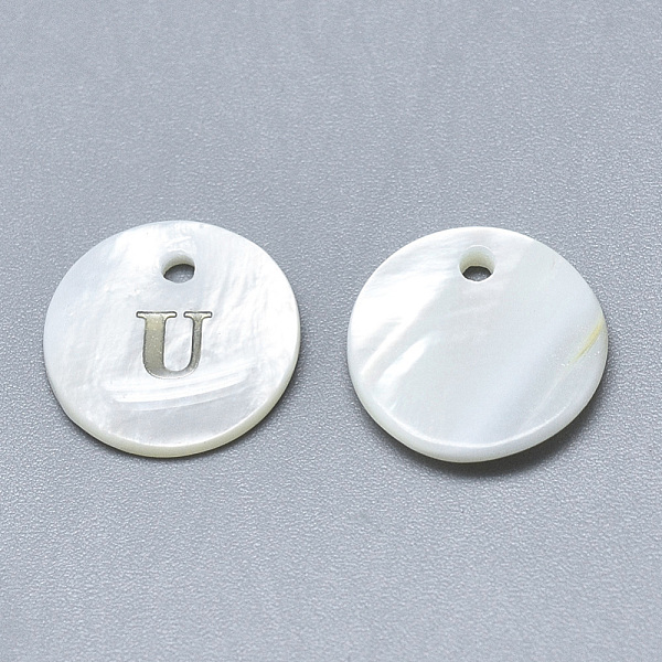 

PandaHall Natural White Shell Mother of Pearl Shell Charms, with Iron Sticker, Flat Round with Letter, Letter.U, 13x2mm, Hole: 1.5mm White...