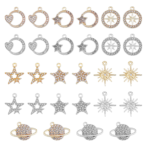 

PandaHall SUPERFINDINGS 28Pcs 14 Style Alloy Rhinestone Pendants, Star & Heart & Sun & Planet Charms, Platinum & Light Gold..., Clear