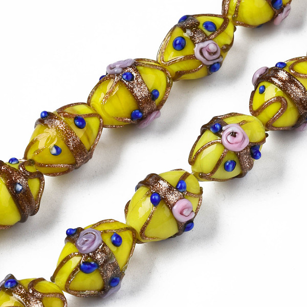 

PandaHall Handmade Gold Sand Lampwork Beads Strands, Ovald with Flower, Yellow, 16~17x13~15x12~13mm, Hole: 1.4~1.8mm, about 30pcs/strand...