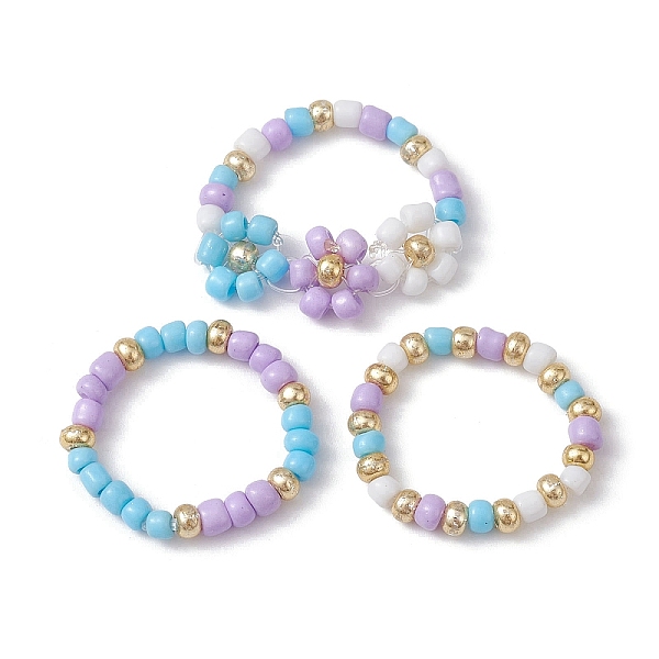 

PandaHall 3Pcs 3 Style Glass Seed Beaded Stretch Rings Set, Flower Stackable Rings, Lilac, US Size 7 1/4(17.5mm), 1Pc/style Glass Flower..., Purple