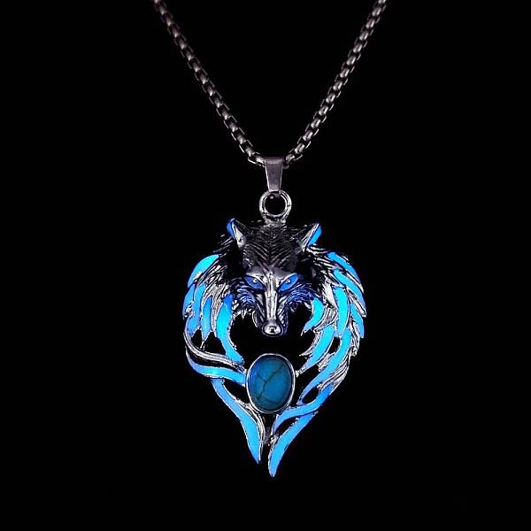 

PandaHall Luminous Glow In The Dark Enamel Wolf Pendant Necklace with Synthetic Turquoise Beaded, Alloy Jewelry, Blue, 27.56 inch(70cm)...