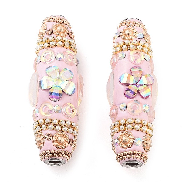 

PandaHall Handmade Indonesia Beads, with Iron, ABS Plastic, Resin and Glass, Long Oval with Flower, Pink, 60x20mm, Hole: 4.8mm Polymer Clay...