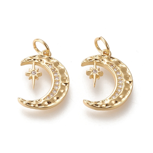 

PandaHall Brass Micro Pave Cubic Zirconia Pendants, Long-Lasting Plated, Moon with Star, Clear, Real 18K Gold Plated, 16x12x1.8mm, Hole...
