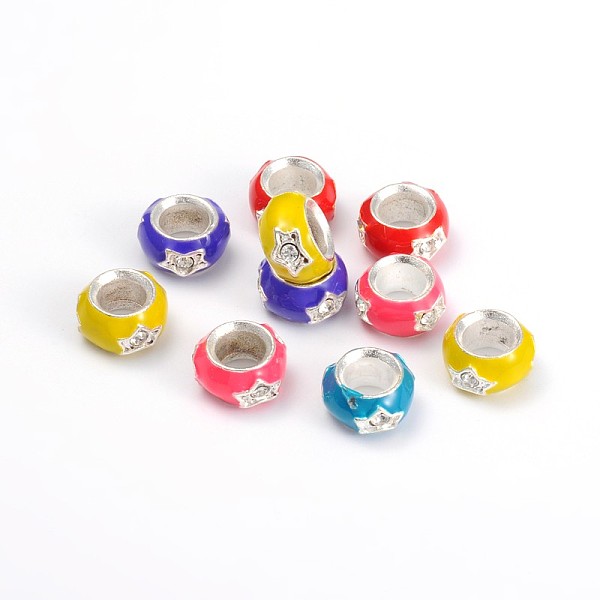 PandaHall Alloy European Beads, with Rhinestone, Enamel, Rondelle, Mixed Color, Silver Color, Size: 13~14mm in diameter, 8~9mm t