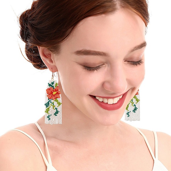 

PandaHall Brass Chandelier Earrings, Glass Seed Beaded Tassel Earrings, Coral, 100x31mm Seed Beads Red