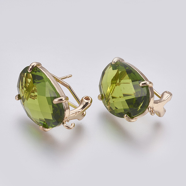 

PandaHall Faceted Glass Stud Earring Findings, with Loop, Light Gold Plated Brass Findings, Oval, Olive Drab, 20x15.5x6~6.5mm, Hole: 1.2mm...