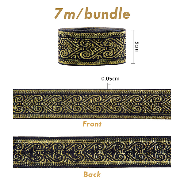 

PandaHall SUPERFINDINGS 50mm Wide Boho Jacquard Ribbon Embroidery Jacquard Trim 7m Long Black Gold Ethnic Ribbon Embroidery Polyester...
