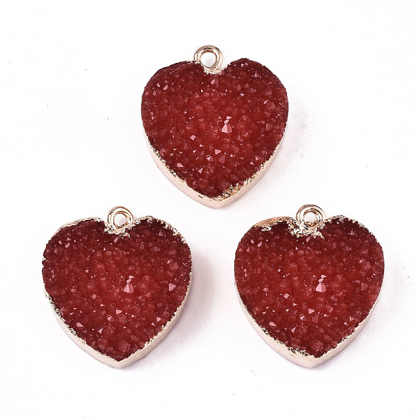 

PandaHall Druzy Resin Pendants, with Edge Light Gold Plated Iron Loops, Heart, Red, 22.5x19.5x8mm, Hole: 1.8mm Iron+Resin Heart Red
