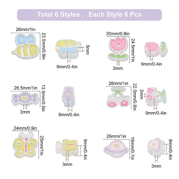 

PandaHall SUNNYCLUE 36Pcs 6 Style Transparent Acrylic Beads, with Enamel, Mixed Shapes, Mixed Color, 13.5~25x20~26x9~9.5mm, hole: 3mm..., Multicolor