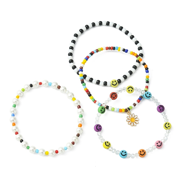 

PandaHall 4Pcs 4 Style Natural Pearl & Smiling Face Acrylic & Glass Seed Stretch Bracelets Set, Alloy Enamel Flower Charms Stackable..., Multicolor