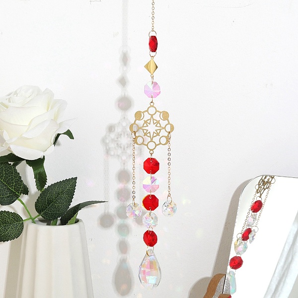 

PandaHall Hanging Suncatcher, Iron & Faceted Glass Pendant Decorations, with Jump Ring, Teardrop & Octagon, Star Pattern, 310x2.3mm, Hole..., Red