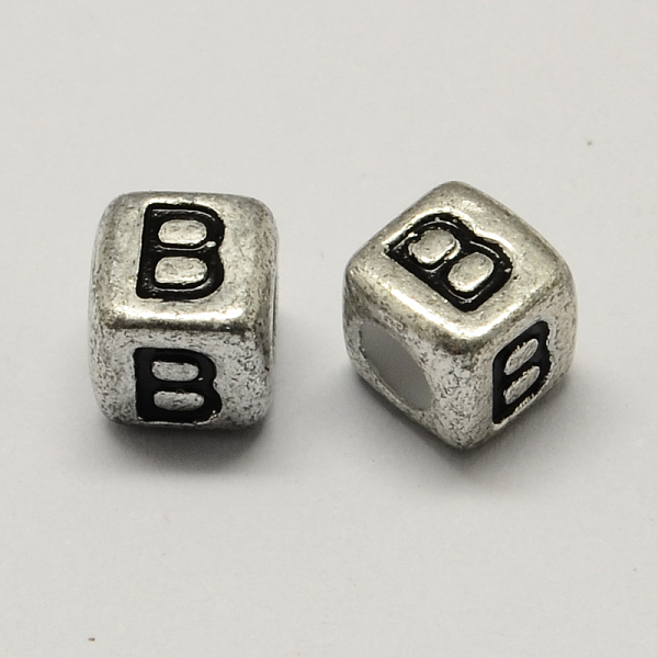

PandaHall Antique Silver Plated Large Hole Acrylic Letter European Beads, Horizontal Hole, Cube with Letter.B, 6x6x6mm, Hole: 4mm, about...