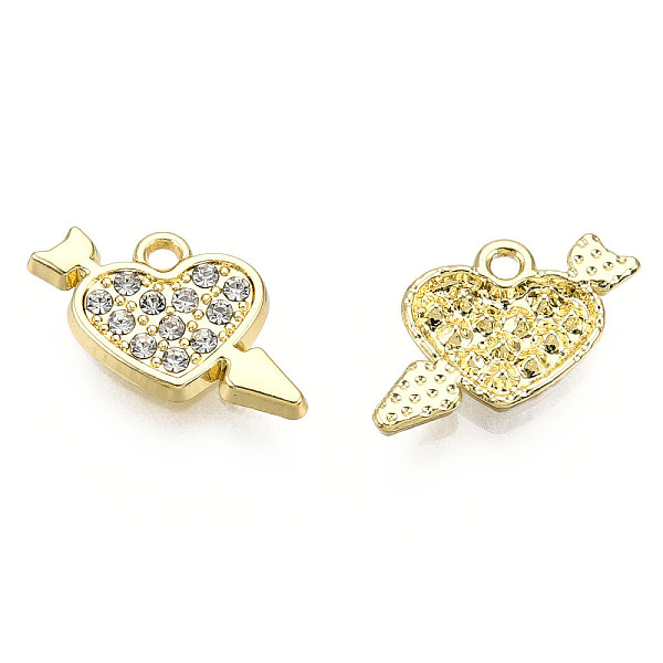 PandaHall Rack Plating Alloy Charms, with Crystal Rhinestone, Cadmium Free & Nickel Free & Lead Free, Heart with Arrow, Light Gold...